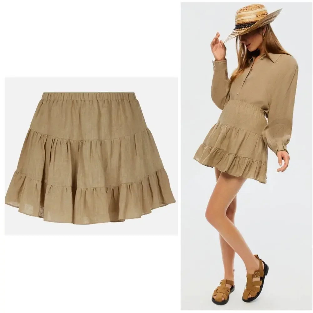 NOCTURNE -NwoT- Tiered Linen Beige Ruffle Mini Skirt | Small - Picture 1 of 8